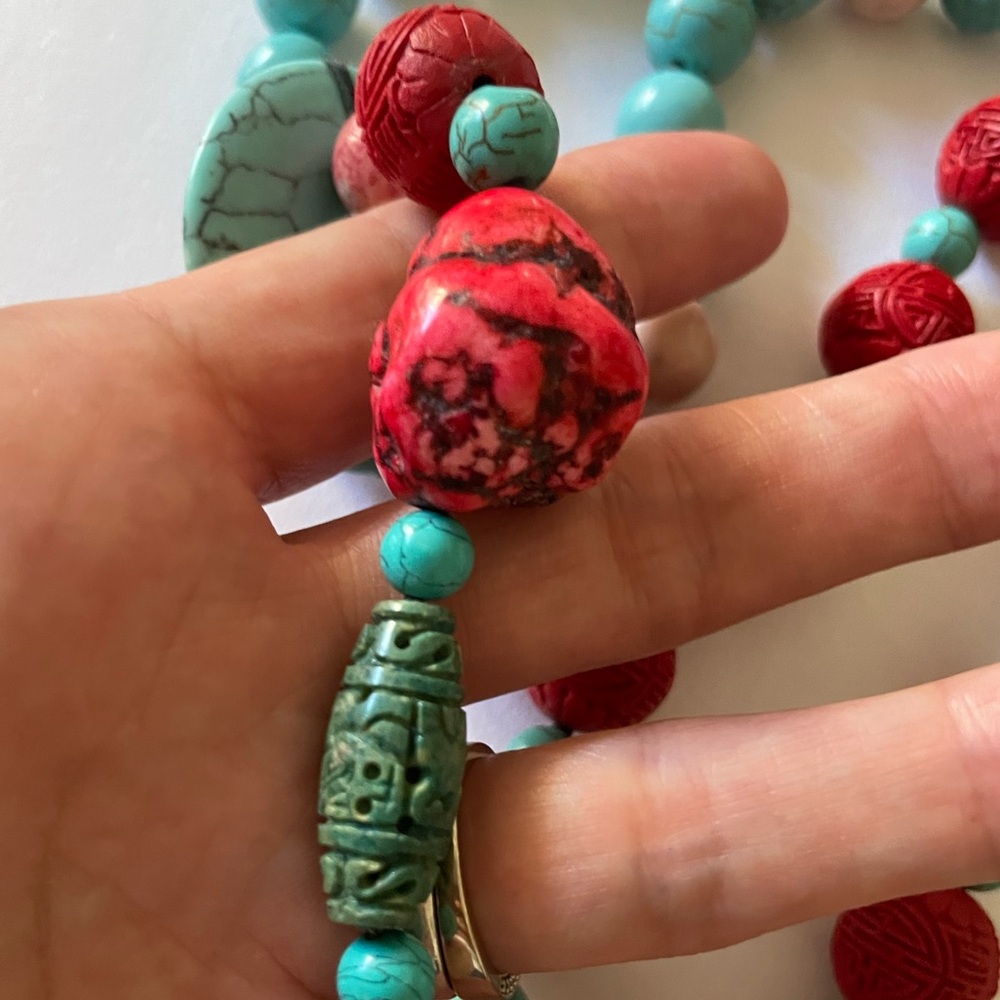 Knotted Beaded Necklace in Turquoise, Cinnabar & Peach Stones, mala style - Picture 4 of 7